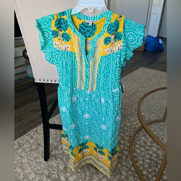 NWT John Mark Floral Spring Flutter Sleeve Dress, Turquoise and Yellow, XS - Picture 1 of 6